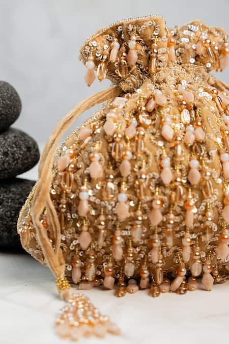 Shop_Nayaab By Sonia_Gold Embroidery, Beads, Sequins Serenity Satchel Aura Potli _Online_at_Aza_Fashions