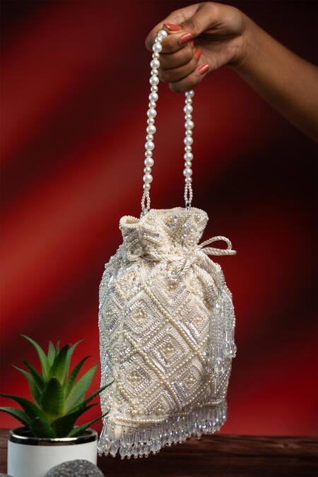 Nayaab By Sonia_White Embroidery, Pearls, Crystals Criss Cross Potli _Online_at_Aza_Fashions