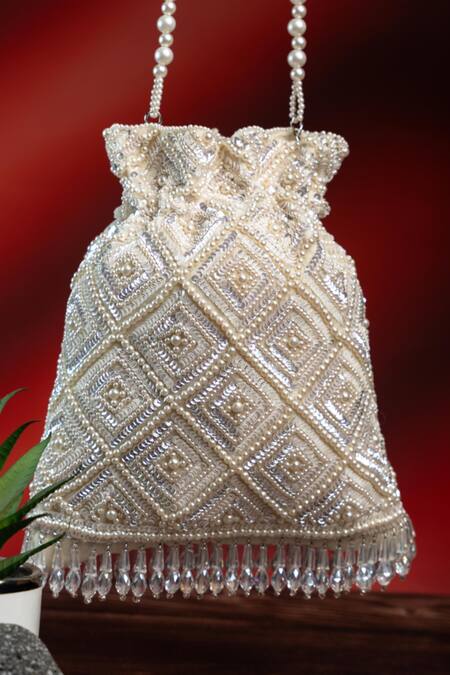 Buy_Nayaab By Sonia_White Embroidery, Pearls, Crystals Criss Cross Potli _Online_at_Aza_Fashions