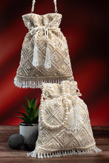 Nayaab By Sonia_White Embroidery, Pearls, Crystals Criss Cross Potli _at_Aza_Fashions