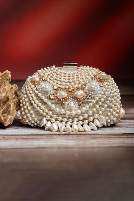 Nayaab By Sonia Pearl Adorn Kasse Gold Clutch 