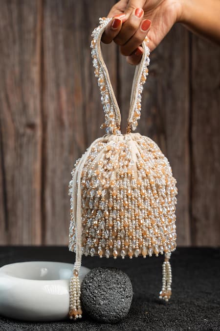 Nayaab By Sonia Cream Beads, Pearls Serenity Gilt Drops Oceanic Blush Potli 