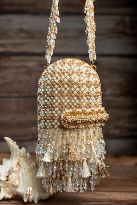 Nayaab By Sonia Cream Beads, Tassels, Embroidery Damsel Criss Cross Ecru Potli