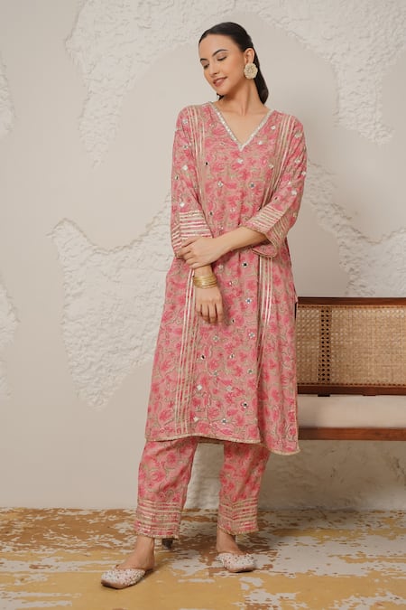 Nemaani_Pink Modal, Cotton Gota Patti, Mirrors V-neck Saanjh Hand Block Print Kurta Set _Online_at_Aza_Fashions