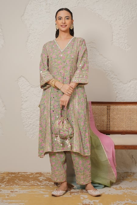 Shop_Nemaani_Green Modal, Cotton Gota Patti, Mirrors V-neck Saanjh Hand Block Print Kurta Set _Online_at_Aza_Fashions
