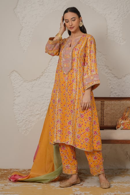 Shop_Nemaani_Yellow Modal, Cotton Gota Patti, Mirrors Split Meher Hand Block Print Kurta Set _Online_at_Aza_Fashions