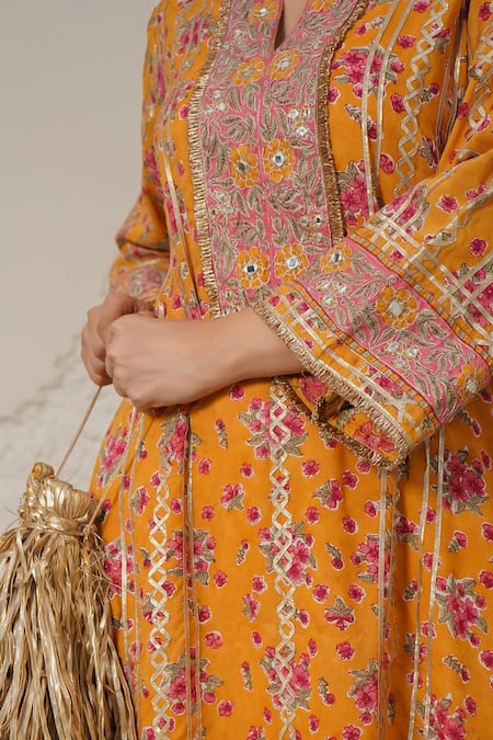 Nemaani_Yellow Modal, Cotton Gota Patti, Mirrors Split Meher Hand Block Print Kurta Set _at_Aza_Fashions