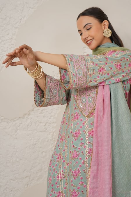 Nemaani_Blue Modal, Cotton Gota Patti, Mirrors Round Meher Hand Block Print Kurta Set _Online_at_Aza_Fashions