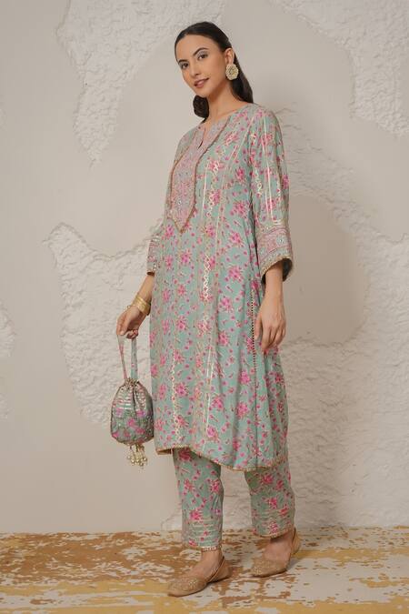 Buy_Nemaani_Blue Modal, Cotton Gota Patti, Mirrors Round Meher Hand Block Print Kurta Set _Online_at_Aza_Fashions
