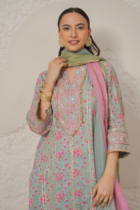 Shop_Nemaani_Blue Modal, Cotton Gota Patti, Mirrors Round Meher Hand Block Print Kurta Set _Online_at_Aza_Fashions