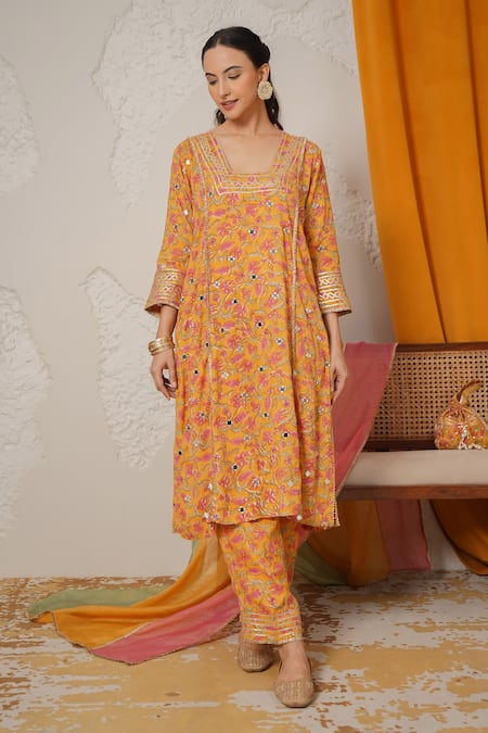 Shop_Nemaani_Yellow Modal, Cotton Gota Patti, Mirrors Square Noor Hand Block Print Kurta Set _Online_at_Aza_Fashions