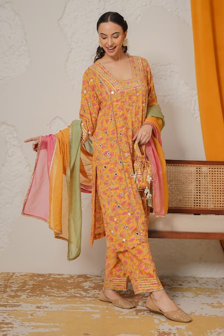 Shop_Nemaani_Yellow Modal, Cotton Gota Patti, Mirrors Square Noor Hand Block Print Kurta Set 