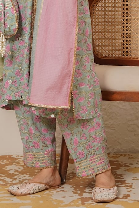 Nemaani_Blue Modal, Cotton Gota Patti, Mirrors Square Noor Hand Block Print Kurta Set _Online_at_Aza_Fashions