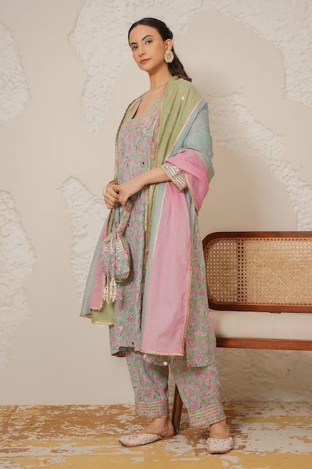 Buy_Nemaani_Blue Modal, Cotton Gota Patti, Mirrors Square Noor Hand Block Print Kurta Set _Online_at_Aza_Fashions