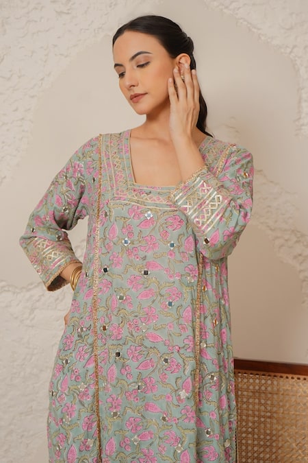 Nemaani_Blue Modal, Cotton Gota Patti, Mirrors Square Noor Hand Block Print Kurta Set _at_Aza_Fashions