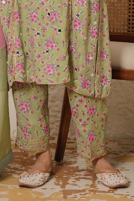 Buy_Nemaani_Green Modal, Cotton Gota Patti, Mirrors Round Aaina Hand Block Print Kurta Set _Online_at_Aza_Fashions