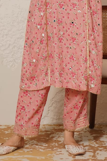 Nemaani_Pink Modal, Cotton Gota Patti, Mirrors Round Aaina Hand Block Print Kurta Set _Online_at_Aza_Fashions