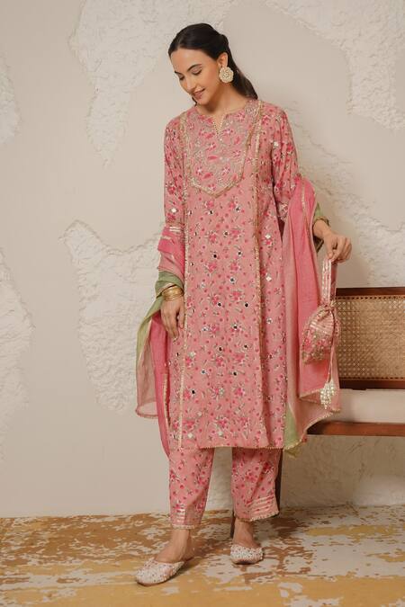 Buy_Nemaani_Pink Modal, Cotton Gota Patti, Mirrors Round Aaina Hand Block Print Kurta Set _Online_at_Aza_Fashions