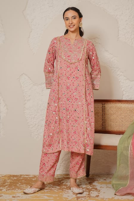 Shop_Nemaani_Pink Modal, Cotton Gota Patti, Mirrors Round Aaina Hand Block Print Kurta Set _Online_at_Aza_Fashions