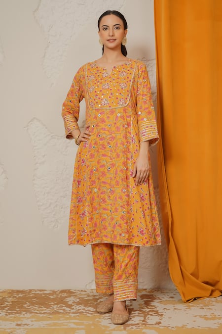 Shop_Nemaani_Yellow Modal, Cotton Gota Patti, Mirrors Round Sitara Hand Block Print Kurta Set _Online_at_Aza_Fashions