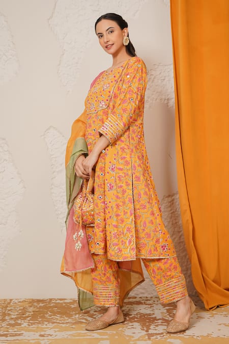 Nemaani_Yellow Modal, Cotton Gota Patti, Mirrors Round Sitara Hand Block Print Kurta Set _at_Aza_Fashions