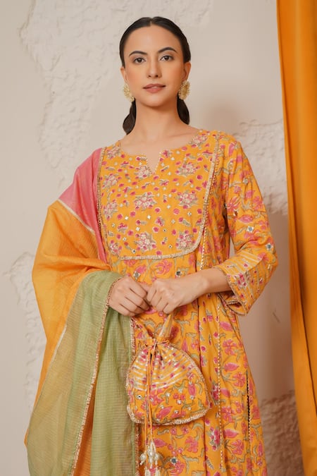 Buy_Nemaani_Yellow Modal, Cotton Gota Patti, Mirrors Round Sitara Hand Block Print Kurta Set 