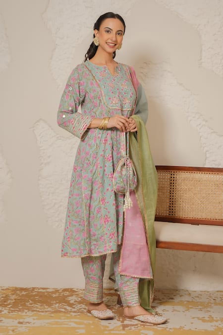 Nemaani_Blue Modal, Cotton Gota Patti, Mirrors Round Sitara Hand Block Print Kurta Set _Online_at_Aza_Fashions