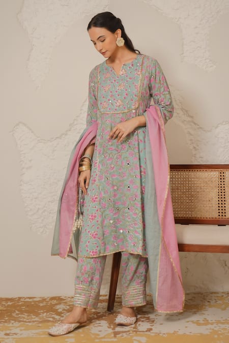 Buy_Nemaani_Blue Modal, Cotton Gota Patti, Mirrors Round Sitara Hand Block Print Kurta Set _Online_at_Aza_Fashions