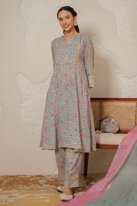 Shop_Nemaani_Blue Modal, Cotton Gota Patti, Mirrors Round Sitara Hand Block Print Kurta Set _Online_at_Aza_Fashions