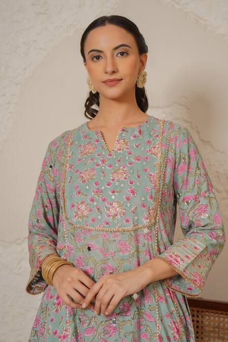 Buy_Nemaani_Blue Modal, Cotton Gota Patti, Mirrors Round Sitara Hand Block Print Kurta Set 