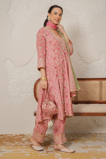 Nemaani_Pink Modal, Cotton Gota Patti, Mirrors V-neck Ira Hand Block Print Kurta Set _at_Aza_Fashions