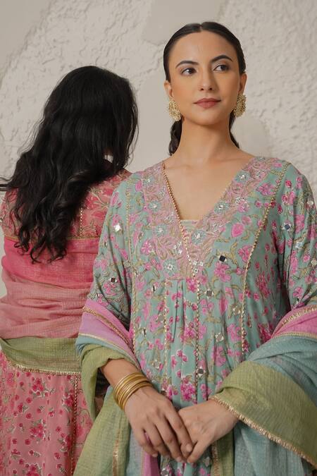 Shop_Nemaani_Blue Modal, Cotton Gota Patti, Mirrors V-neck Ira Hand Block Print Kurta Set 