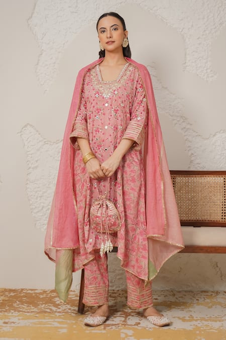Nemaani Pink Modal, Cotton Gota Patti, Mirrors, Nayra Hand Block Print Kurta Set