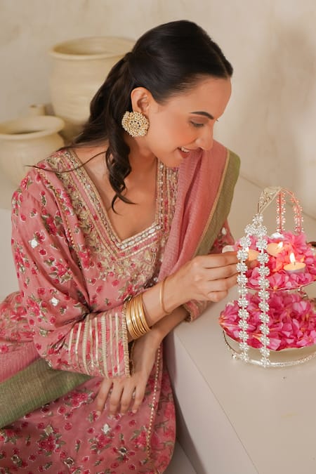 Nemaani_Pink Modal, Cotton Gota Patti, Mirrors, Nayra Hand Block Print Kurta Set _Online_at_Aza_Fashions