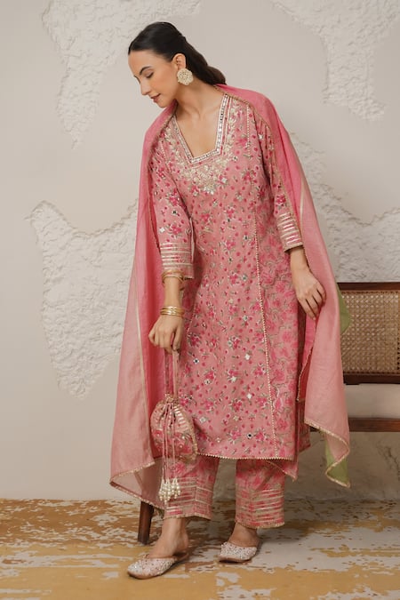 Shop_Nemaani_Pink Modal, Cotton Gota Patti, Mirrors, Nayra Hand Block Print Kurta Set _Online_at_Aza_Fashions