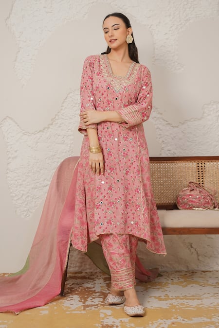 Nemaani_Pink Modal, Cotton Gota Patti, Mirrors, Nayra Hand Block Print Kurta Set _at_Aza_Fashions