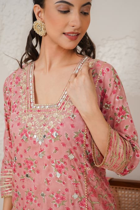 Buy_Nemaani_Pink Modal, Cotton Gota Patti, Mirrors, Nayra Hand Block Print Kurta Set 