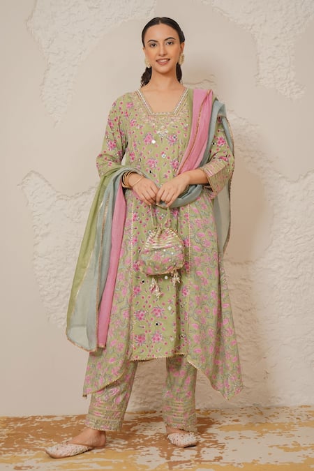 Buy_Nemaani_Green Modal, Cotton Gota Patti, Mirrors Round Nayra Hand Block Print Kurta Set _Online_at_Aza_Fashions