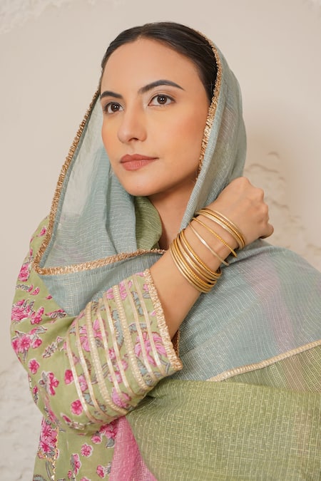 Nemaani_Green Modal, Cotton Gota Patti, Mirrors Round Nayra Hand Block Print Kurta Set _at_Aza_Fashions