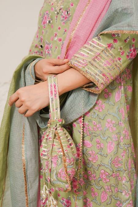 Buy_Nemaani_Green Modal, Cotton Gota Patti, Mirrors Round Nayra Hand Block Print Kurta Set 