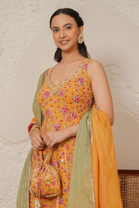 Nemaani_Yellow Modal, Cotton Gota Patti, Mirrors Naaz Hand Block Print Anarkali Set _Online_at_Aza_Fashions