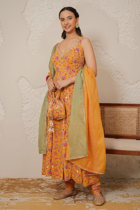 Buy_Nemaani_Yellow Modal, Cotton Gota Patti, Mirrors Naaz Hand Block Print Anarkali Set _Online_at_Aza_Fashions