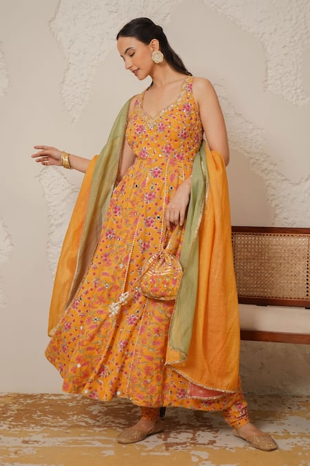 Shop_Nemaani_Yellow Modal, Cotton Gota Patti, Mirrors Naaz Hand Block Print Anarkali Set _Online_at_Aza_Fashions