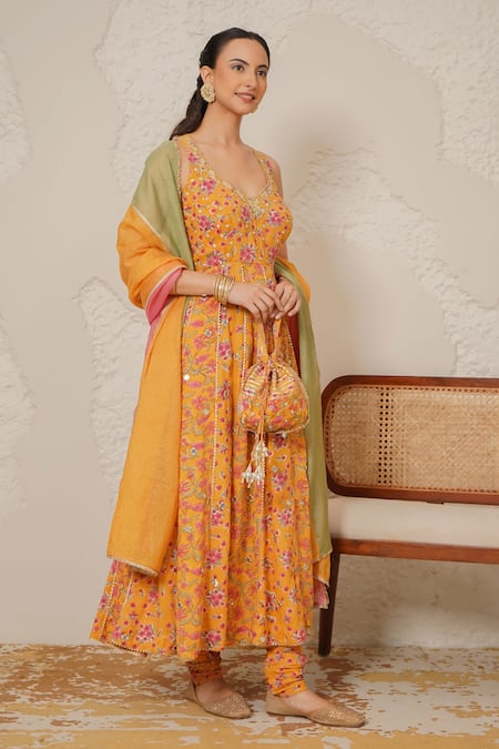 Nemaani_Yellow Modal, Cotton Gota Patti, Mirrors Naaz Hand Block Print Anarkali Set _at_Aza_Fashions