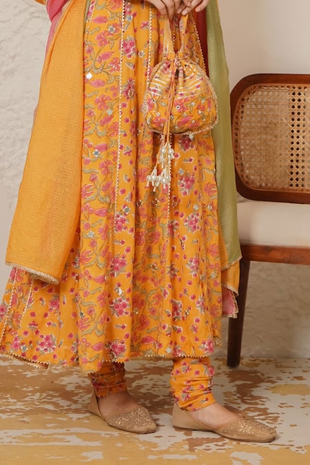 Buy_Nemaani_Yellow Modal, Cotton Gota Patti, Mirrors Naaz Hand Block Print Anarkali Set 
