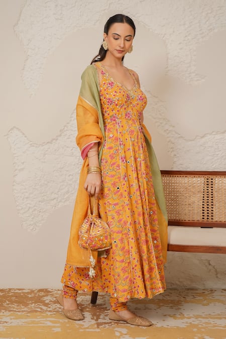 Shop_Nemaani_Yellow Modal, Cotton Gota Patti, Mirrors Naaz Hand Block Print Anarkali Set 