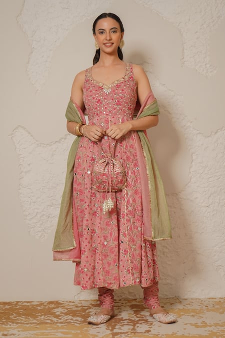 Nemaani_Pink Modal, Cotton Gota Patti, Mirrors Plunge Naaz Hand Block Print Anarkali Set _Online_at_Aza_Fashions