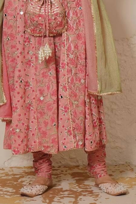 Buy_Nemaani_Pink Modal, Cotton Gota Patti, Mirrors Plunge Naaz Hand Block Print Anarkali Set _Online_at_Aza_Fashions