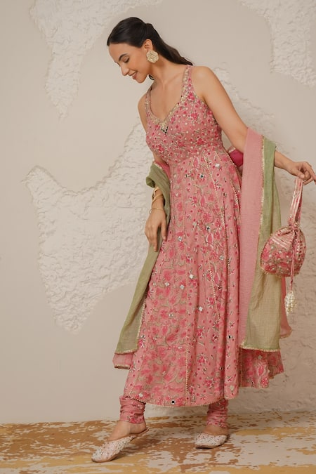 Shop_Nemaani_Pink Modal, Cotton Gota Patti, Mirrors Plunge Naaz Hand Block Print Anarkali Set _Online_at_Aza_Fashions