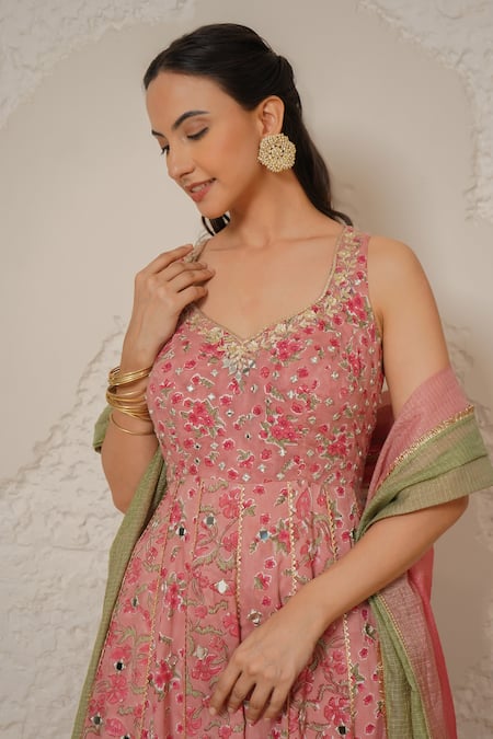 Nemaani_Pink Modal, Cotton Gota Patti, Mirrors Plunge Naaz Hand Block Print Anarkali Set _at_Aza_Fashions